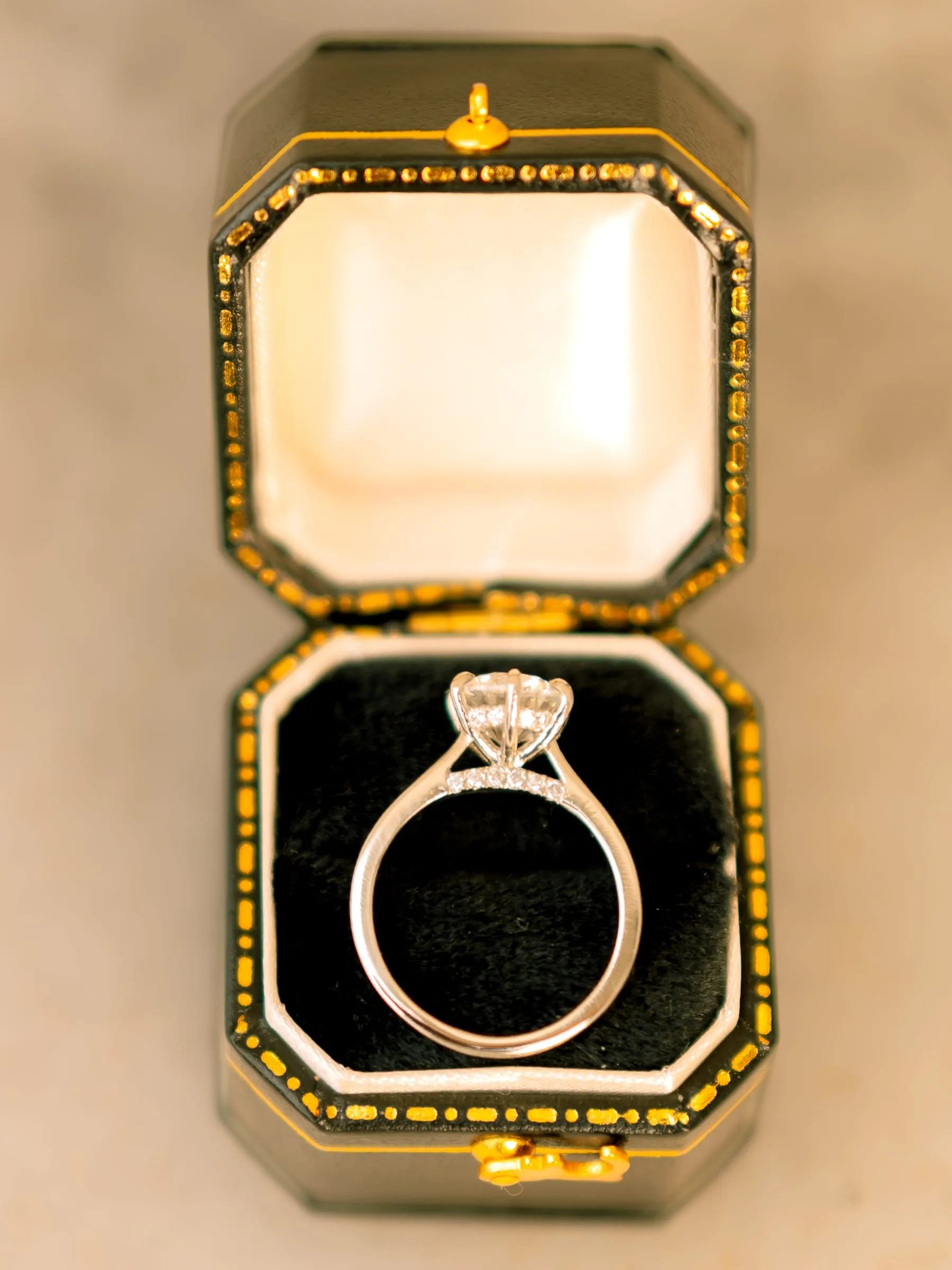 A close-up of Maryann's diamond engagement ring in its open box