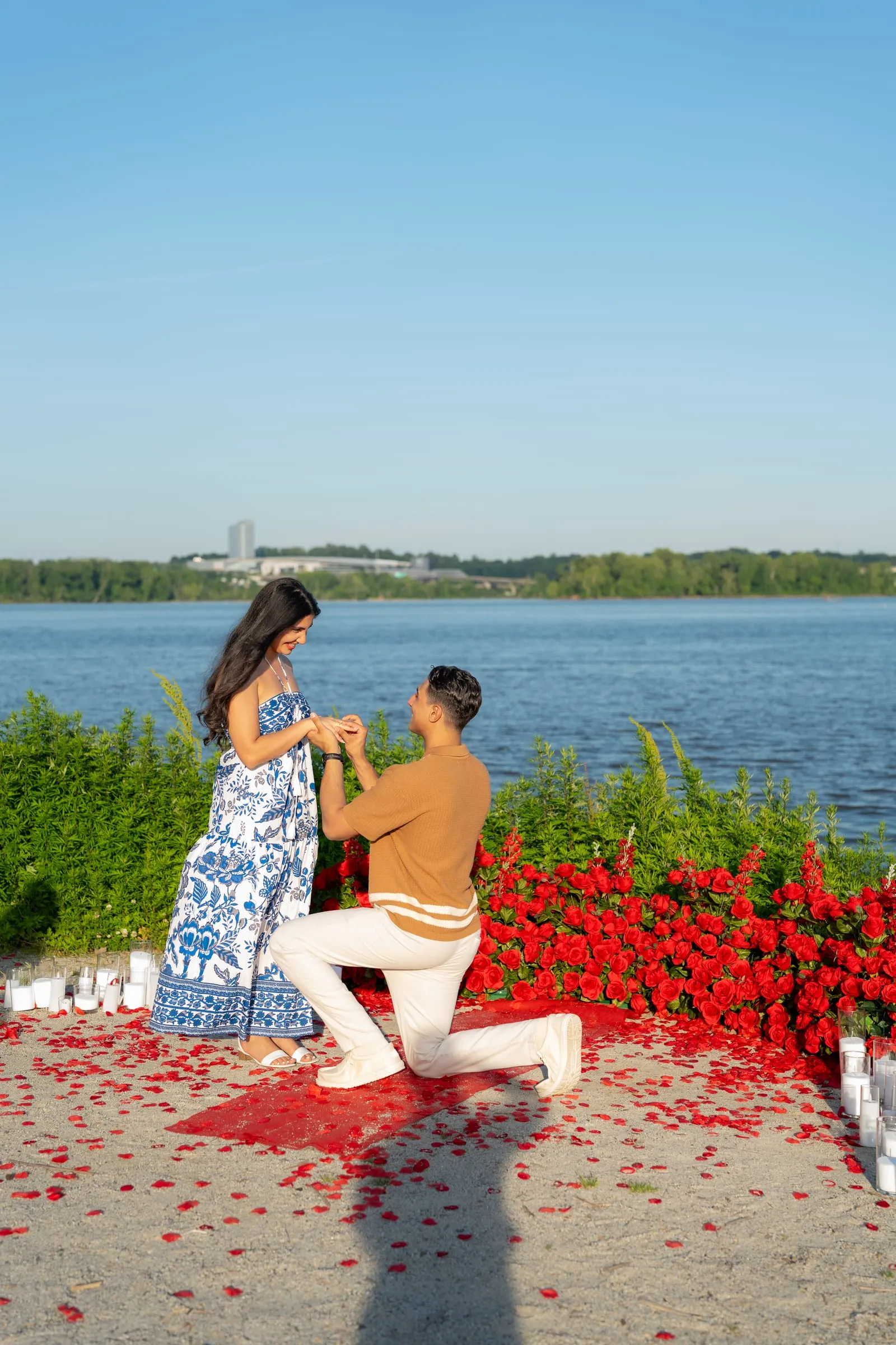 A vertical view of Thomas kneeling before Verina on the rose petal path by the river